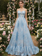 Blue Strapless Textured Corset A-Line Prom Dress