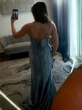 Icy Blue Cowl Neck Sequin Corset Prom Dress with Ruffled Slit