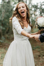 Ivory 3/4 Sleeves Lace Top Backless Wedding Dresses, Bridal Gowns, MW555