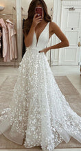 Ivory A-line Satin Tulle 3D Flowers V-neck Wedding Dresses With Slit MW634