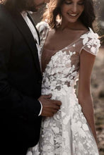 Ivory A-line V-neck Lace Appliqued Beach Wedding Dresses, Bridal Gown, MW619