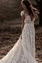 Ivory A-line V-neck Lace Appliqued Beach Wedding Dresses, Bridal Gown, MW619