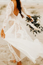 Ivory Lace Backless Long Sleeves Boho Wedding Dresses, Bridal Gown, MW569