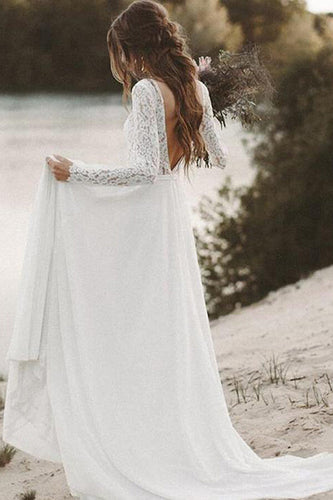 Ivory Lace Long Sleeves A-line Chiffon Wedding Dresses, Bridal Gowns, MW526