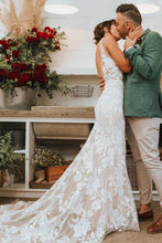Ivory Lace Mermaid V-neck Beach Wedding Dresses, Appliqued Bridal Gown, MW616