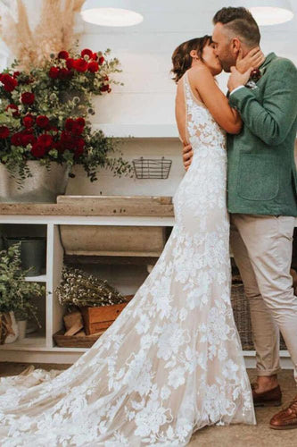 Ivory Lace Mermaid V-neck Beach Wedding Dresses, Appliqued Bridal Gown, MW616