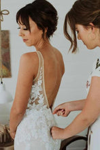Ivory Lace Mermaid V-neck Beach Wedding Dresses, Appliqued Bridal Gown, MW616
