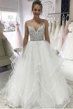 Ivory Organza Spaghetti Straps Lace Appliqued Beach Wedding Dresses, MW598