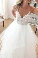 Ivory Organza Spaghetti Straps Lace Appliqued Beach Wedding Dresses, MW598