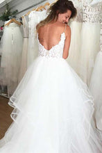 Ivory Organza Spaghetti Straps Lace Appliqued Beach Wedding Dresses, MW598