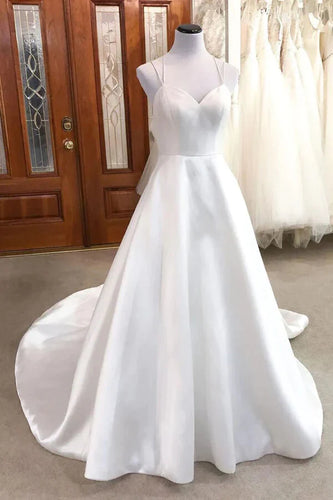 A-line V-neck Spaghetti Straps Satin Wedding Dresses Bridal Gown