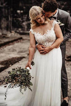 Ivory Tulle A-line Illusion Neck Wedding Dresses with Lace Appliques, MW573