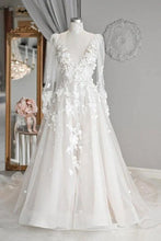 A-line Tulle V-neck Long Sleeves Court Train Wedding Dresses