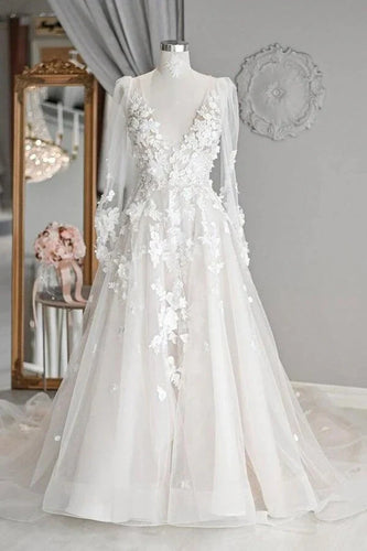 A-line Tulle V-neck Long Sleeves Court Train Wedding Dresses