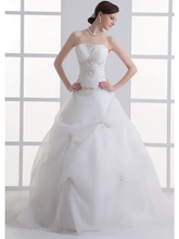 A-Line Wedding Dresses Strapless Court Train Organza Satin Strapless with Pick Up Skirt Ruched Beading