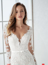 Wedding Dresses V Neck  Lace Tulle Long Sleeve Country Illusion Sleeve