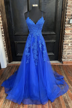 A Line V Neck Blue Tulle Lace Long Prom Dresses, V Neck Blue Formal Dresses, Blue Lace Evening Dresses Y1268