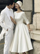 A-Line Wedding Dresses Jewel Neck Tea Length Satin Half Sleeve Simple Vintage Little White Dress with Buttons Pleats