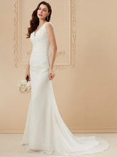 Wedding Dresses V Neck Court Train Chiffon Over Satin Regular Straps Vintage Backless Elegant with Side-Draped
