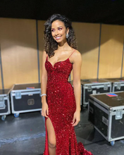 Glitter Red Mermaid Evening Dresses Long,Side Slit Back Open Gala Dress,Celebrity Dress Y196