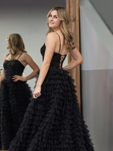 Jordan | Black A-Line Tiered Sequins Tulle Long Prom Dress