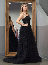 Jordan | Black A-Line Tiered Sequins Tulle Long Prom Dress