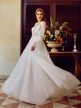 A-Line Wedding Dresses V Neck  Lace Tulle Long Sleeve See-Through with Appliques