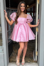 Pink Square Neck Balloon Sleeves A-Line Homecoming Dress Y2434