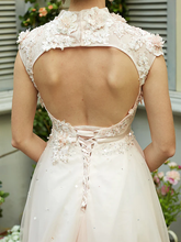 A-Line Wedding Dresses High Neck Sweep  Brush Train Tulle Short Sleeve Open Back with Bowknot Sash  Ribbon Beading
