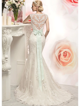 Mermaid  Trumpet Wedding Dresses Jewel Neck Court Train Lace Tulle Cap Sleeve with Appliques