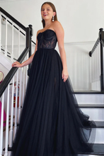Strapless Black Lace Tulle Long Prom Dress, Black Lace Formal Dress, Black Evening Dress Y205