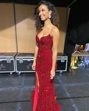 Glitter Red Mermaid Evening Dresses Long,Side Slit Back Open Gala Dress,Celebrity Dress Y196