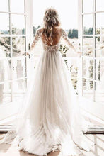 Lace Backless A-Line V-neck Long Sleeves Wedding Dresses, Bridal Dresses, MW552
