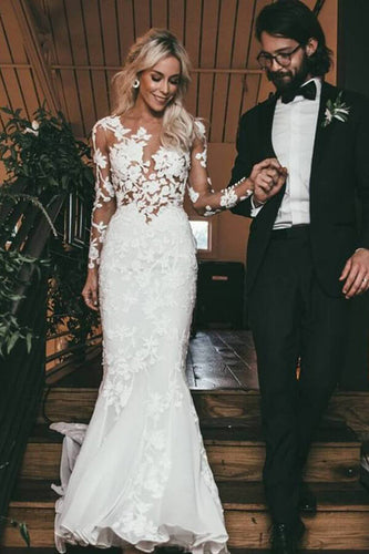 Lace See Through Mermaid Long Sleeves Wedding Dresses, Bridal Dress, MW522