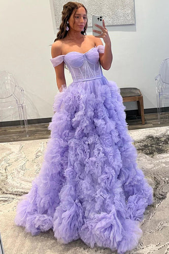 Lavender Off-the-Shoulder Ruffle Layers Prom Dress SYP145
