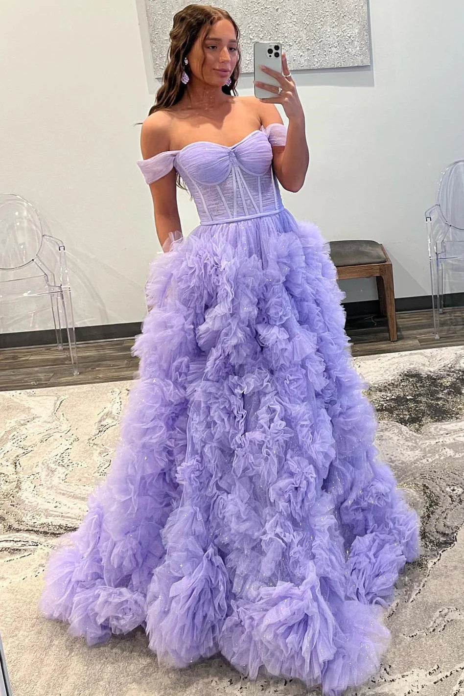 Lavender Off-the-Shoulder Ruffle Layers Prom Dress SYP145