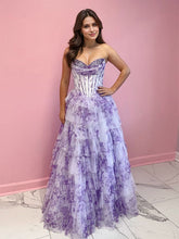 Lavender Floral Strapless Ruffled Tiered Corset Long Prom Dress
