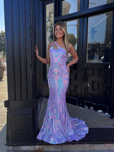 Lavender One-Shoulder Iridescent Sequin Mermaid Prom Dress