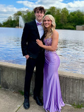 Lavender Sheer Floral Appliqué Corset Satin Prom Dress with High Slit