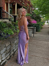 Lavender Sheer Floral Appliqué Corset Satin Prom Dress with High Slit