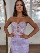 Lavender Strapless Lace Corset Bodice Mermaid Long Prom Dress