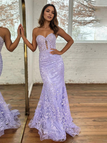 Lavender Strapless Lace Corset Bodice Mermaid Long Prom Dress