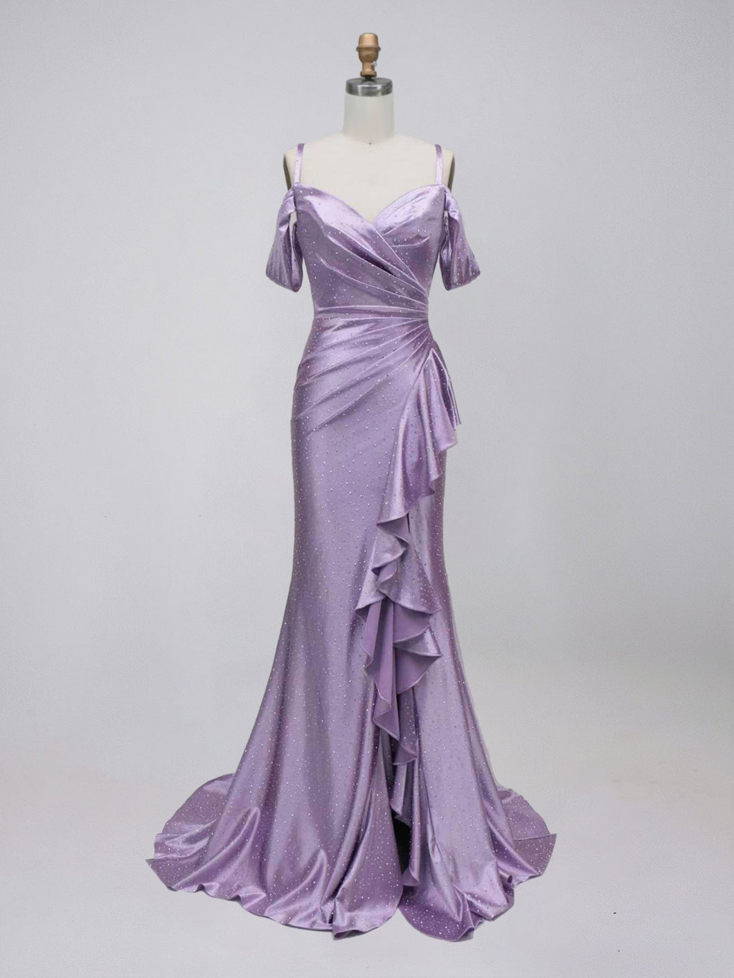 Lavender Shimmer Cold-Shoulder Prom Dress with Cascading Ruffled Slit