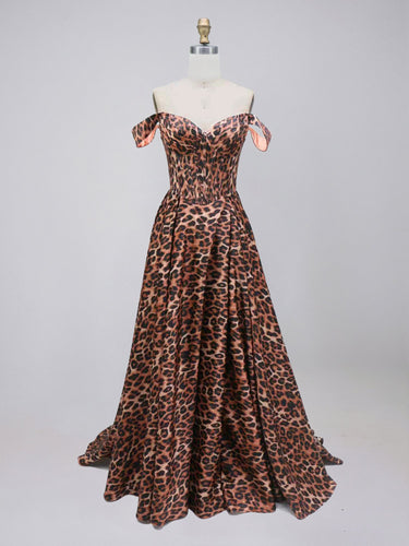 Leopard Print Satin Off-the-Shoulder A-Line Prom Dress with Corset Bodice