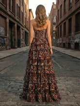 Leopard Print Strapless A-Line Tiered Ruffles Prom Dress with Lace Trim