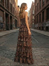 Leopard Print Strapless A-Line Tiered Ruffles Prom Dress with Lace Trim