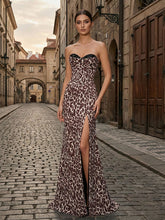 Leopard Print Strapless Sequin Bust Column Prom Dress with High Slit