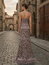 Leopard Print Strapless Sequin Bust Column Prom Dress with High Slit