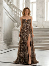 Leopard Print Strapless Sweetheart A-Line Prom Dress with High Slit