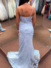 Light Blue 3D Floral Lace Long Corset Prom Dress with Slit